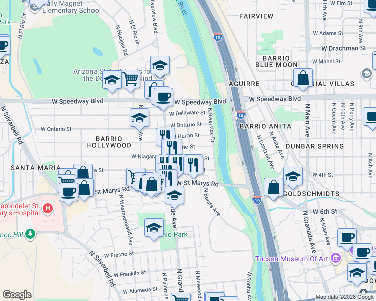 map of restaurants, bars, coffee shops, grocery stores, and more near 1101 West Erie Street in Tucson