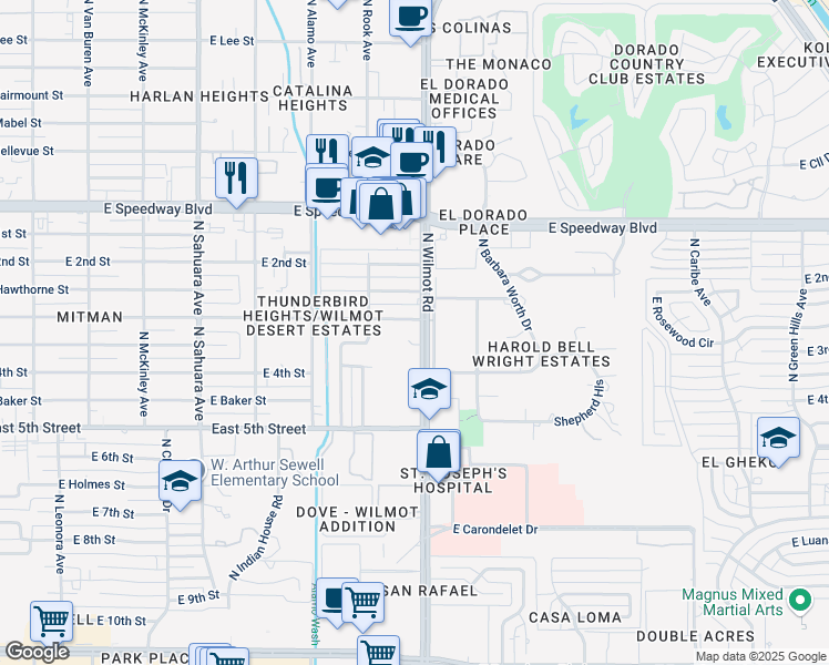 map of restaurants, bars, coffee shops, grocery stores, and more near 899 North Wilmot Road in Tucson