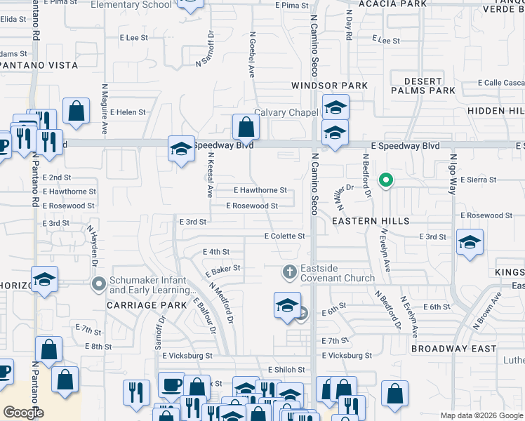 map of restaurants, bars, coffee shops, grocery stores, and more near 8546 East Rosewood Street in Tucson