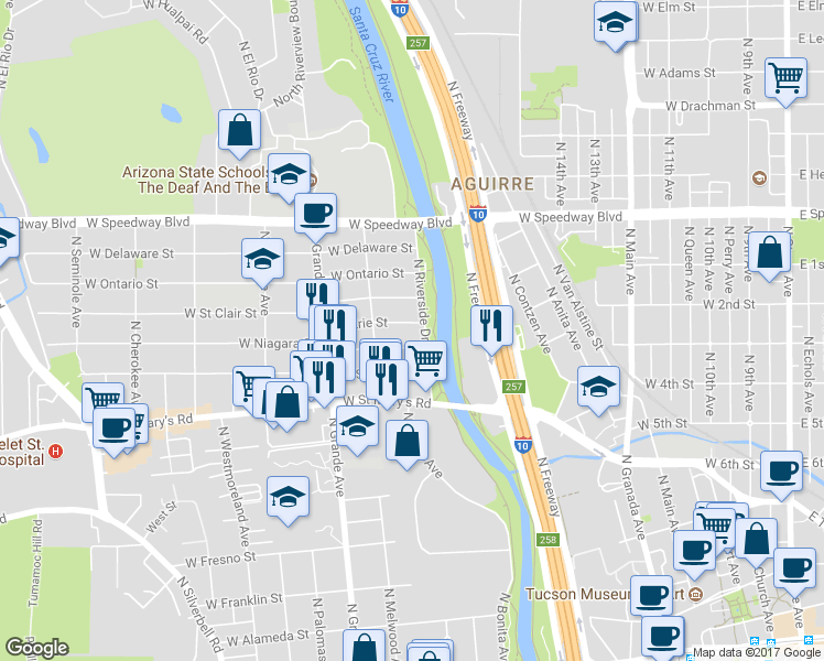 map of restaurants, bars, coffee shops, grocery stores, and more near 1005 West Erie Street in Tucson
