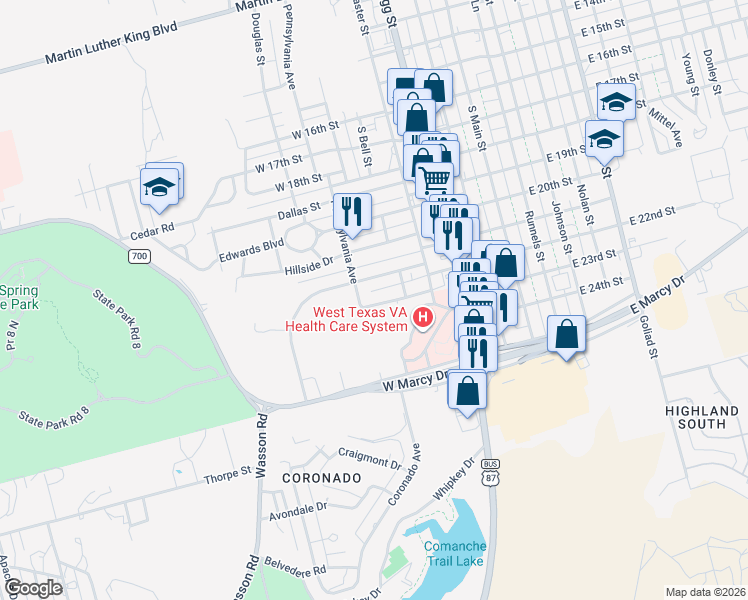 map of restaurants, bars, coffee shops, grocery stores, and more near 428 Ryon Street in Big Spring