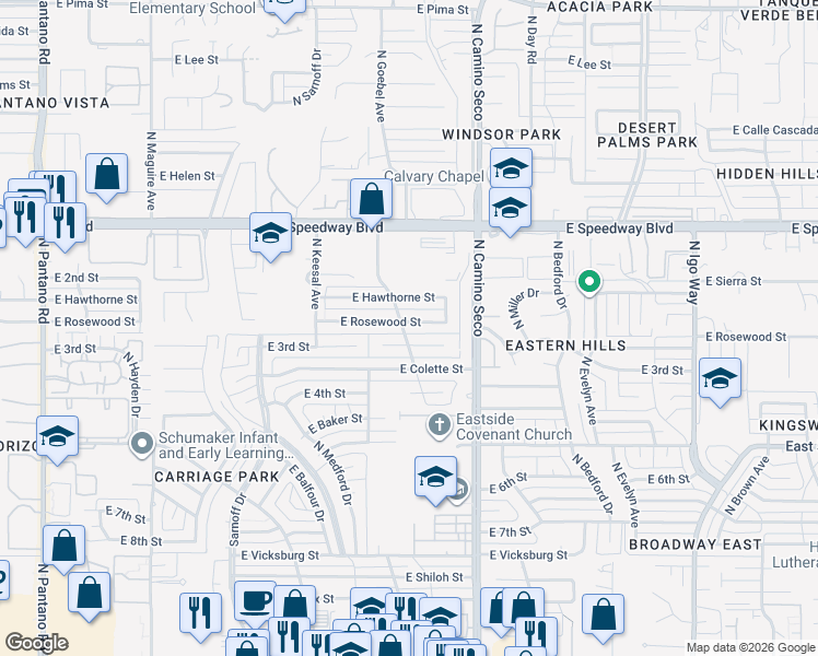map of restaurants, bars, coffee shops, grocery stores, and more near 8546 East Rosewood Street in Tucson