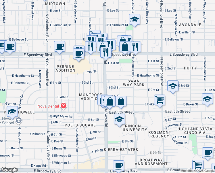 map of restaurants, bars, coffee shops, grocery stores, and more near 4717 East 3rd Street in Tucson