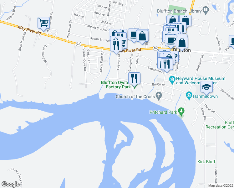 map of restaurants, bars, coffee shops, grocery stores, and more near 121 Bridge Street in Bluffton