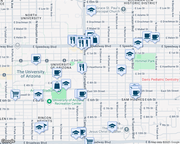 map of restaurants, bars, coffee shops, grocery stores, and more near 1933 East 3rd Street in Tucson