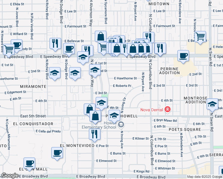 map of restaurants, bars, coffee shops, grocery stores, and more near 812 North Longfellow Avenue in Tucson