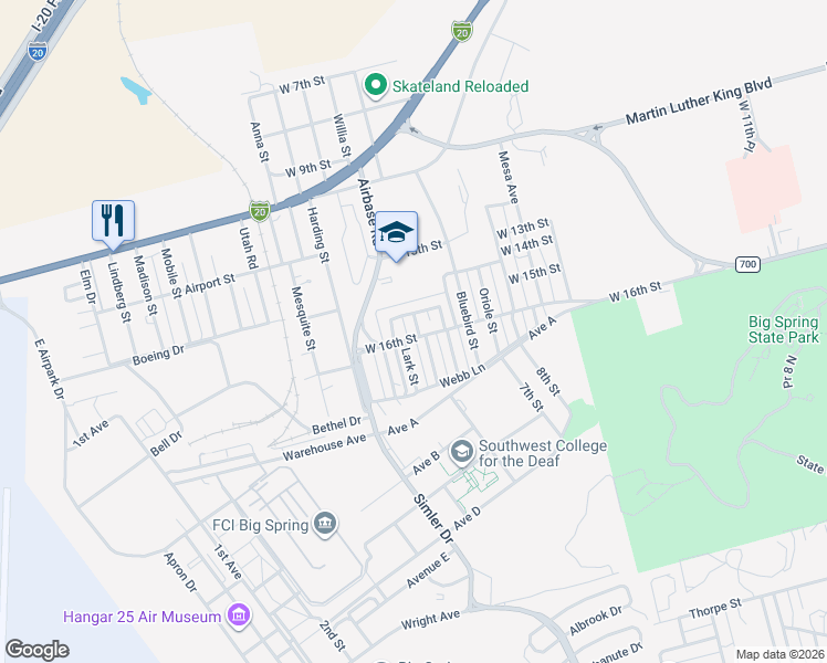 map of restaurants, bars, coffee shops, grocery stores, and more near 1506 Chickasaw Street in Big Spring