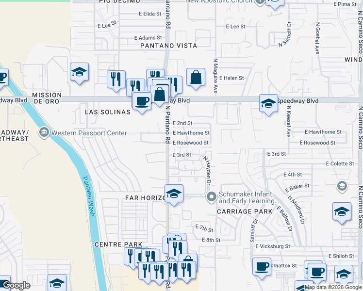 map of restaurants, bars, coffee shops, grocery stores, and more near 7922 East Rosewood Street in Tucson