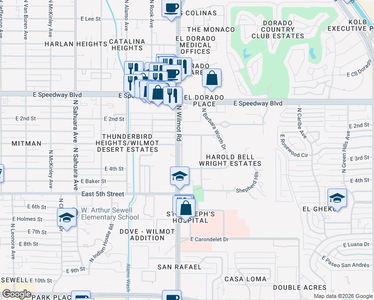 map of restaurants, bars, coffee shops, grocery stores, and more near 850 North Wilmot Road in Tucson