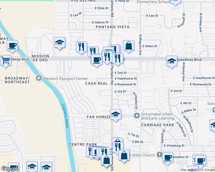 map of restaurants, bars, coffee shops, grocery stores, and more near 7850 East Rosewood Street in Tucson