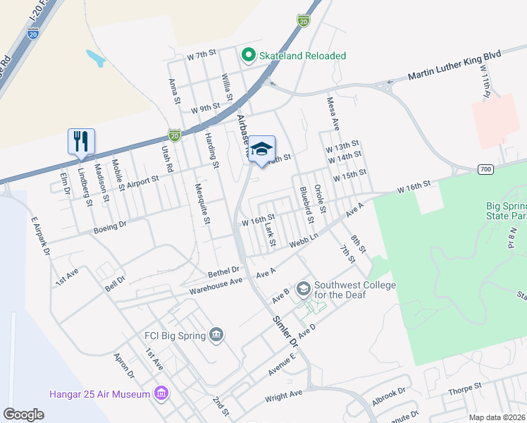 map of restaurants, bars, coffee shops, grocery stores, and more near 1506 Chickasaw Street in Big Spring