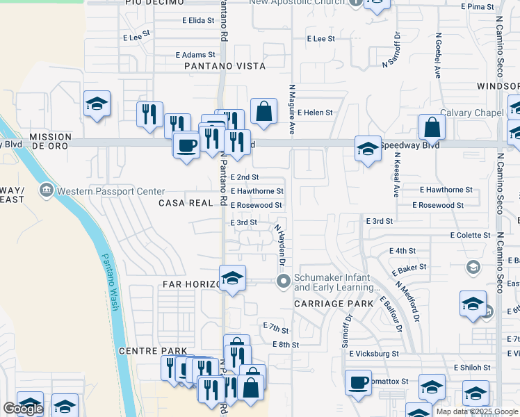 map of restaurants, bars, coffee shops, grocery stores, and more near 8002 East Rosewood Street in Tucson