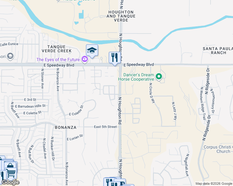 map of restaurants, bars, coffee shops, grocery stores, and more near Packard Street in Tucson