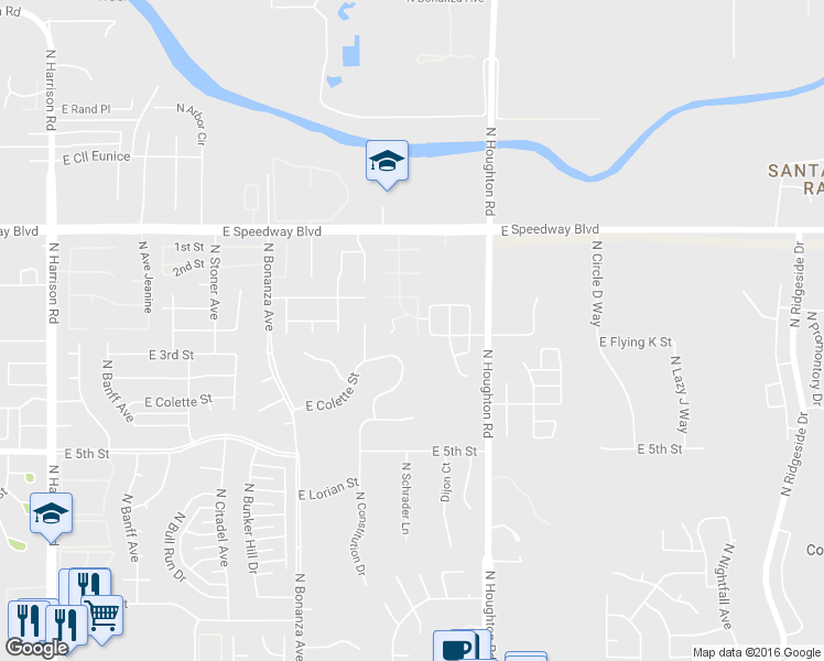 map of restaurants, bars, coffee shops, grocery stores, and more near Packard Street in Tucson