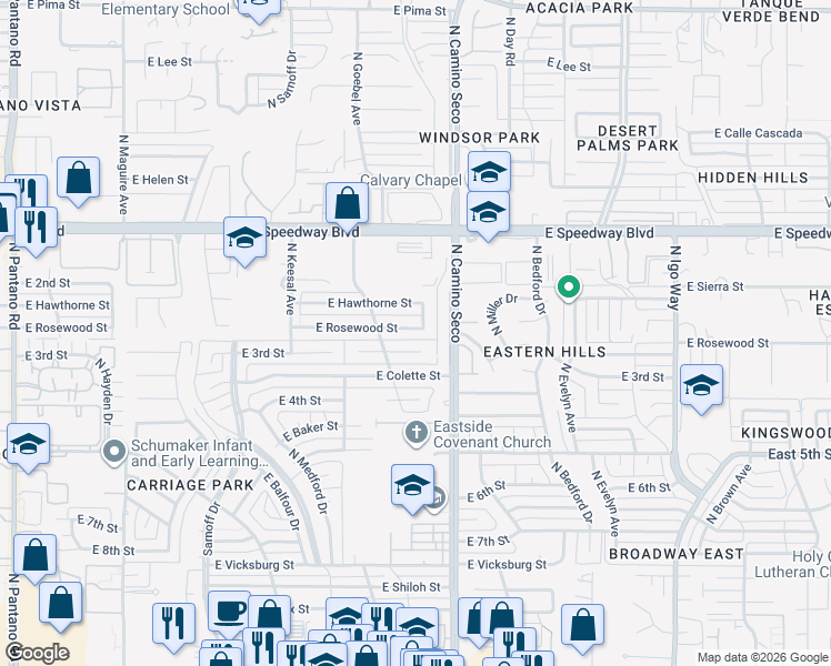 map of restaurants, bars, coffee shops, grocery stores, and more near 8630 East Rosewood Street in Tucson