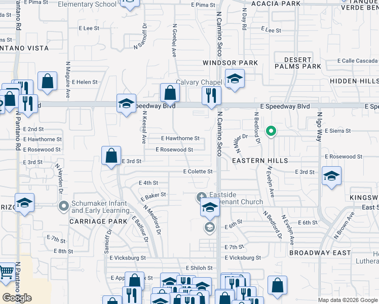map of restaurants, bars, coffee shops, grocery stores, and more near 8546 E Rosewood St in Tucson