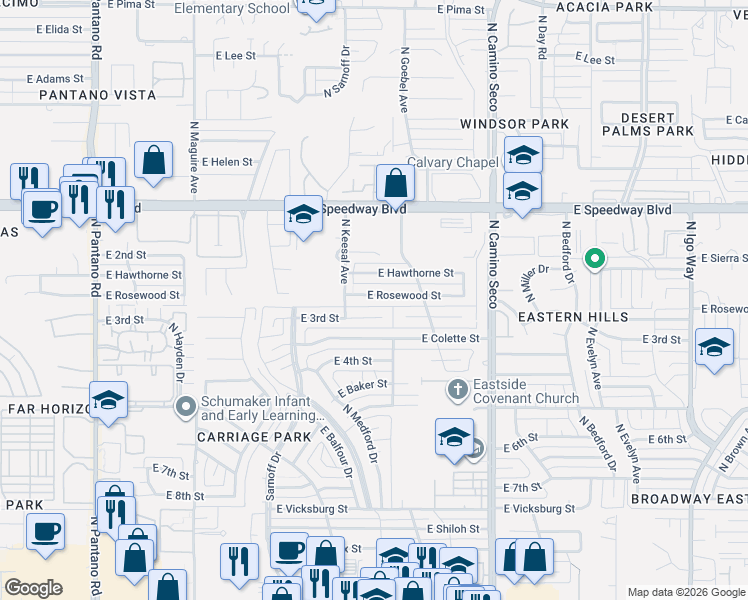 map of restaurants, bars, coffee shops, grocery stores, and more near 8420 East Rosewood Street in Tucson