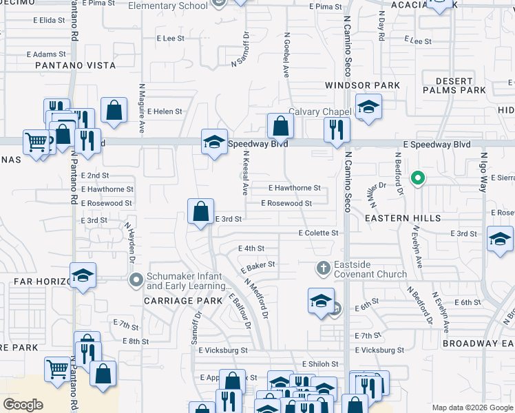 map of restaurants, bars, coffee shops, grocery stores, and more near 8420 East Rosewood Street in Tucson