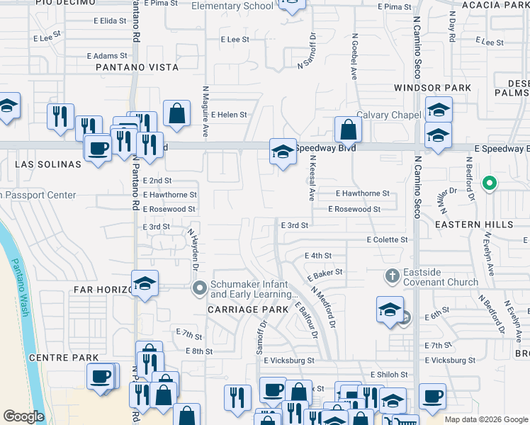 map of restaurants, bars, coffee shops, grocery stores, and more near 811 North Robb Hill Place in Tucson