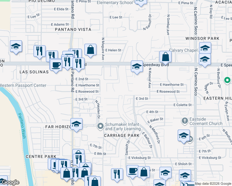 map of restaurants, bars, coffee shops, grocery stores, and more near 837 North Sugar Maple Place in Tucson
