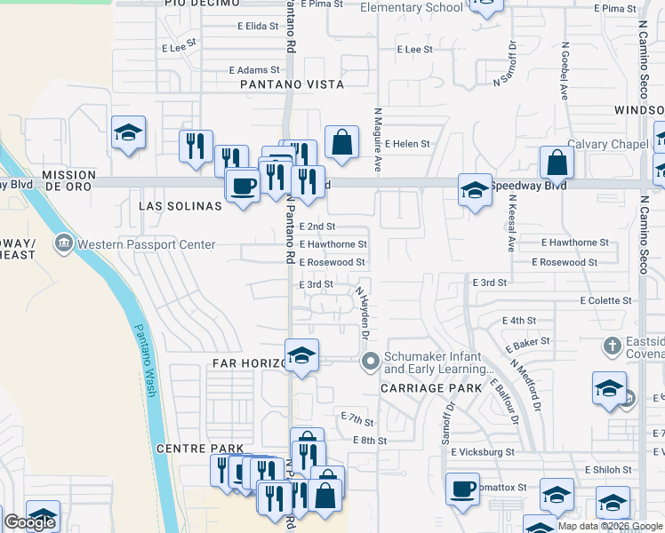 map of restaurants, bars, coffee shops, grocery stores, and more near 8002 East Rosewood Street in Tucson