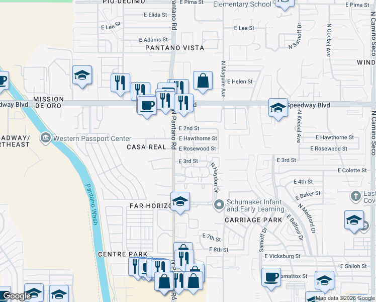 map of restaurants, bars, coffee shops, grocery stores, and more near 7922 East Rosewood Street in Tucson