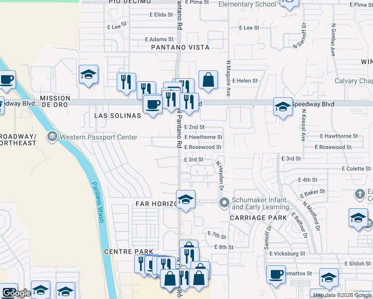 map of restaurants, bars, coffee shops, grocery stores, and more near 7922 East Rosewood Street in Tucson