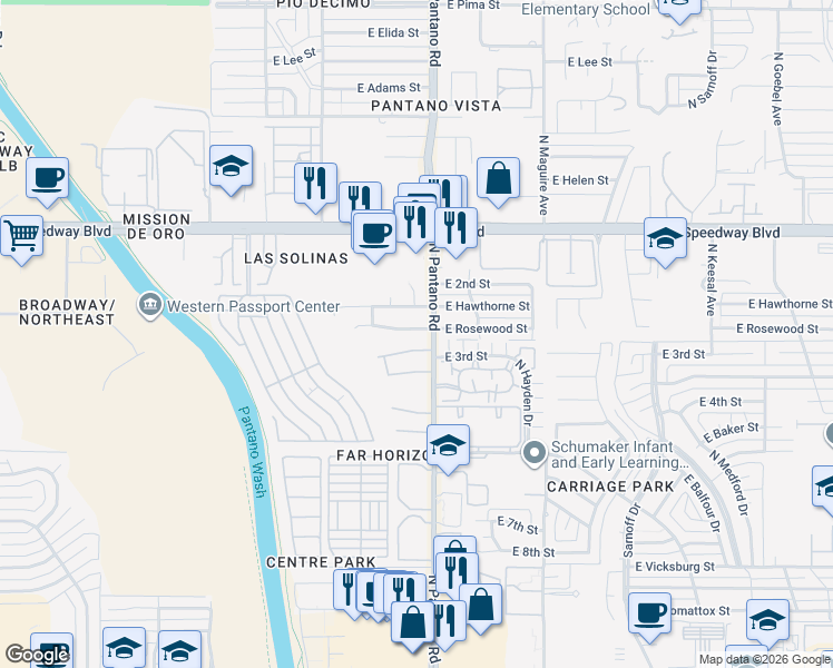 map of restaurants, bars, coffee shops, grocery stores, and more near 7850 East Rosewood Street in Tucson