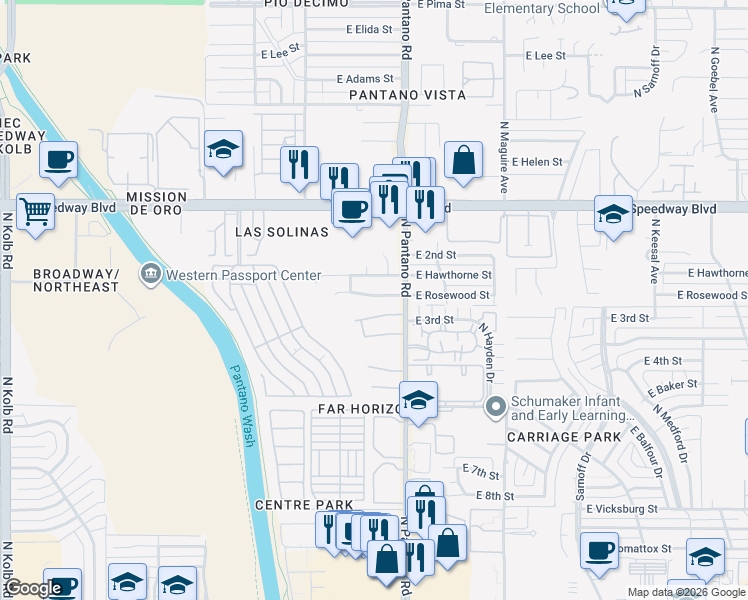 map of restaurants, bars, coffee shops, grocery stores, and more near 7850 East Rosewood Street in Tucson