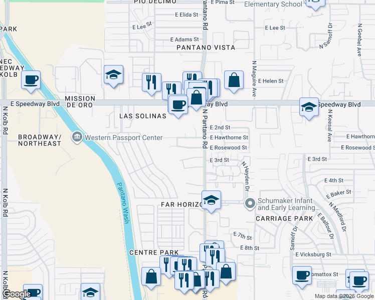 map of restaurants, bars, coffee shops, grocery stores, and more near 7802 East Rosewood Street in Tucson