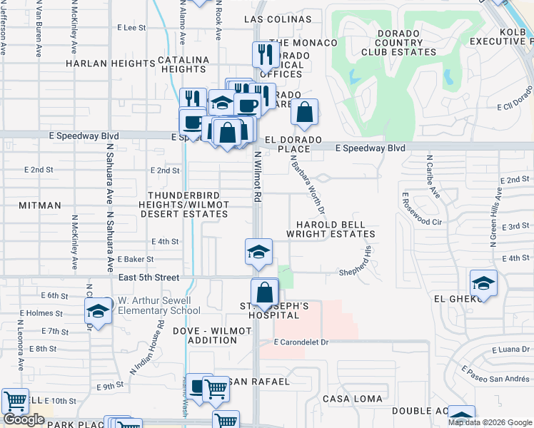 map of restaurants, bars, coffee shops, grocery stores, and more near 850 North Wilmot Road in Tucson