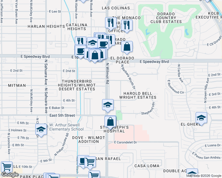 map of restaurants, bars, coffee shops, grocery stores, and more near 850 North Wilmot Road in Tucson