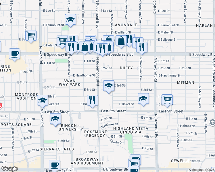 map of restaurants, bars, coffee shops, grocery stores, and more near 802 North Duffy Place in Tucson