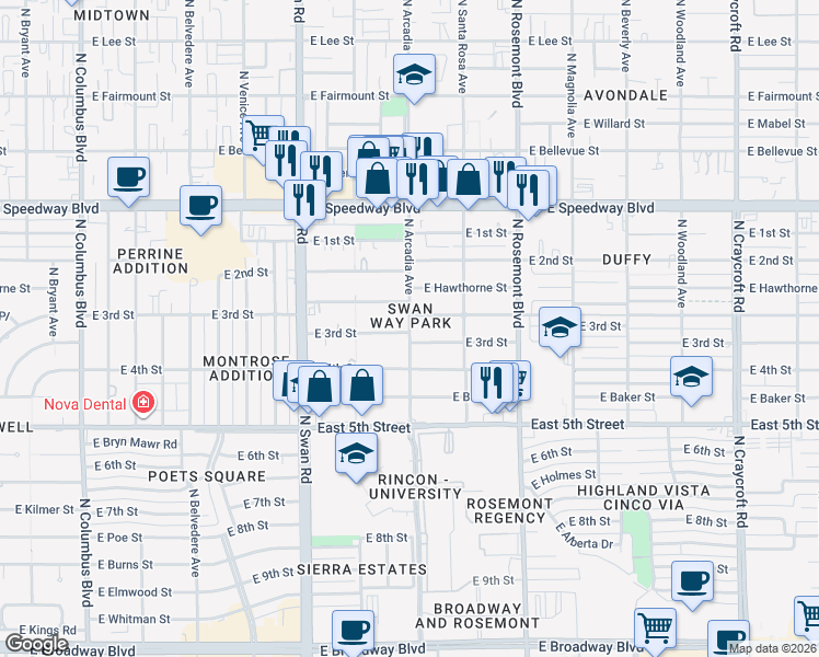 map of restaurants, bars, coffee shops, grocery stores, and more near 4849 East 3rd Street in Tucson