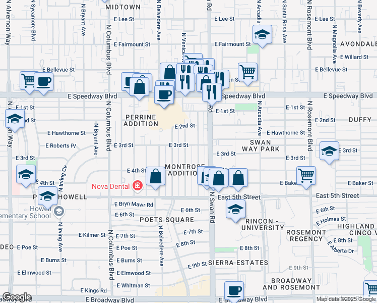 map of restaurants, bars, coffee shops, grocery stores, and more near 813 North Venice Avenue in Tucson