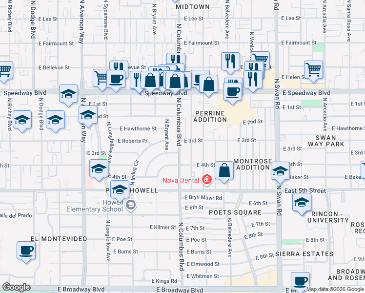 map of restaurants, bars, coffee shops, grocery stores, and more near 810 North Columbus Boulevard in Tucson