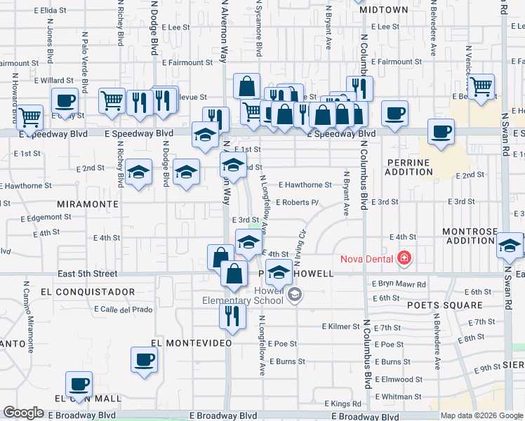 map of restaurants, bars, coffee shops, grocery stores, and more near 812 North Longfellow Avenue in Tucson