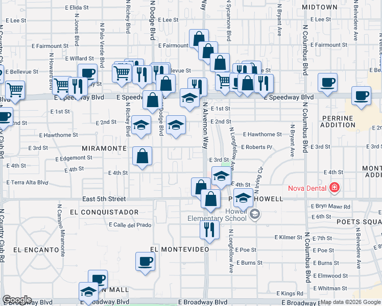 map of restaurants, bars, coffee shops, grocery stores, and more near 3820 East 3rd Street in Tucson
