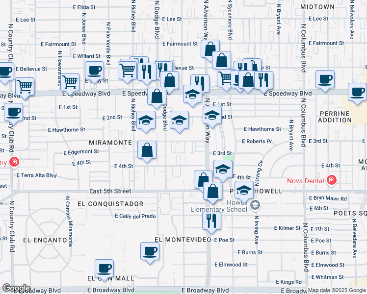 map of restaurants, bars, coffee shops, grocery stores, and more near 3820 East 3rd Street in Tucson