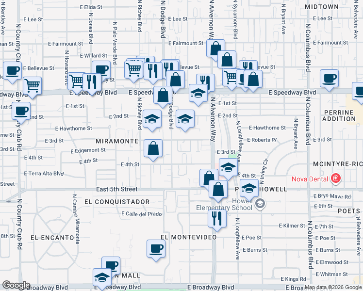 map of restaurants, bars, coffee shops, grocery stores, and more near 814 North Dodge Boulevard in Tucson