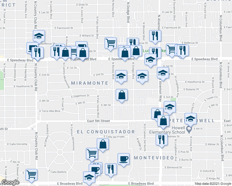 map of restaurants, bars, coffee shops, grocery stores, and more near 806 North Richey Boulevard in Tucson