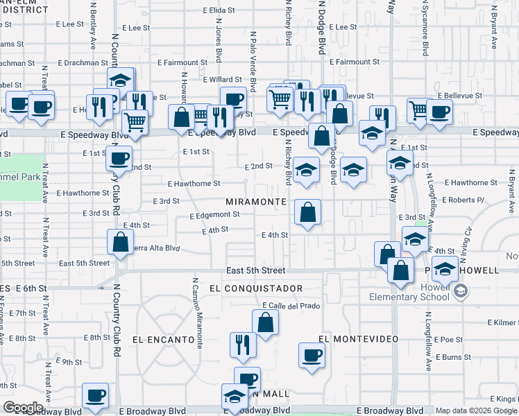map of restaurants, bars, coffee shops, grocery stores, and more near in Tucson