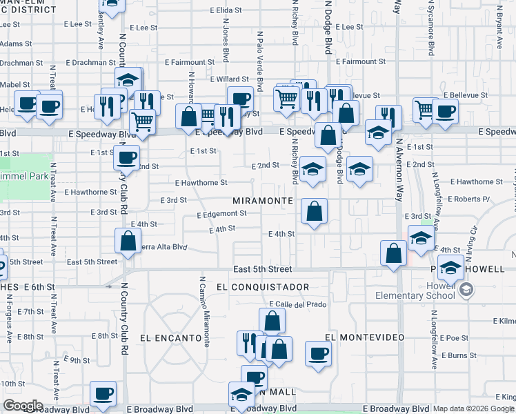 map of restaurants, bars, coffee shops, grocery stores, and more near 3473 East Edgemont Street in Tucson