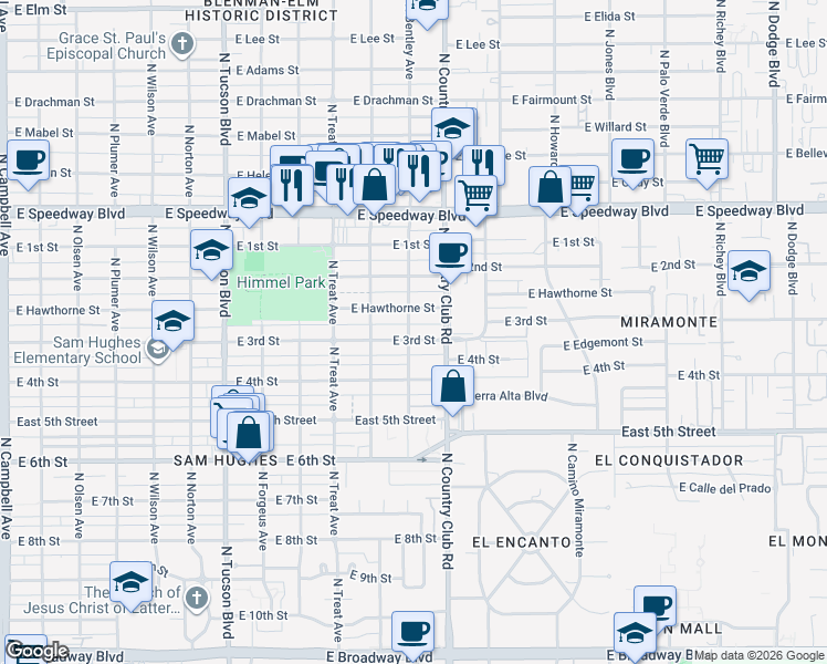 map of restaurants, bars, coffee shops, grocery stores, and more near 3003 East 3rd Street in Tucson