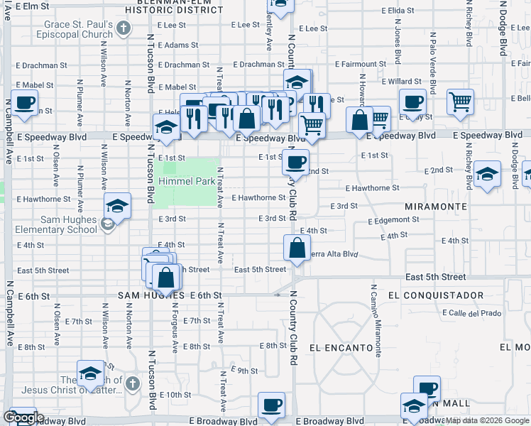 map of restaurants, bars, coffee shops, grocery stores, and more near 3003 East 3rd Street in Tucson