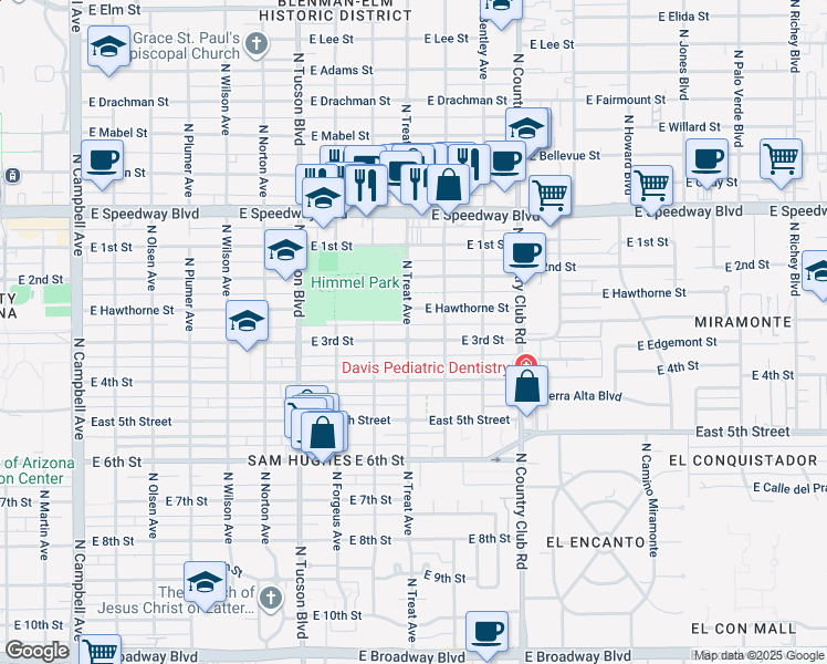 map of restaurants, bars, coffee shops, grocery stores, and more near 2801 East 3rd Street in Tucson