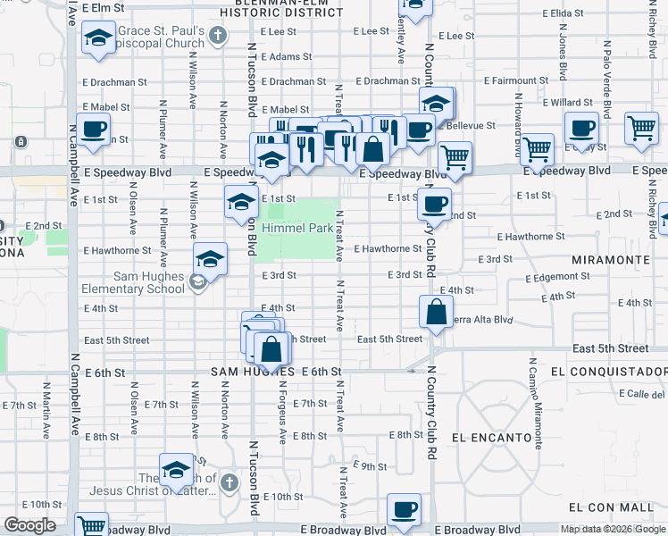 map of restaurants, bars, coffee shops, grocery stores, and more near 2801 East 3rd Street in Tucson