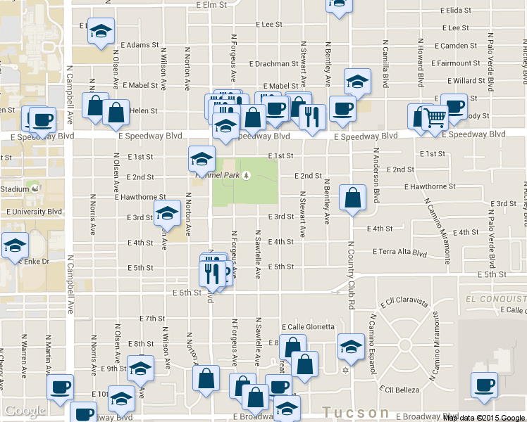 map of restaurants, bars, coffee shops, grocery stores, and more near 2645 East 3rd Street in Tucson