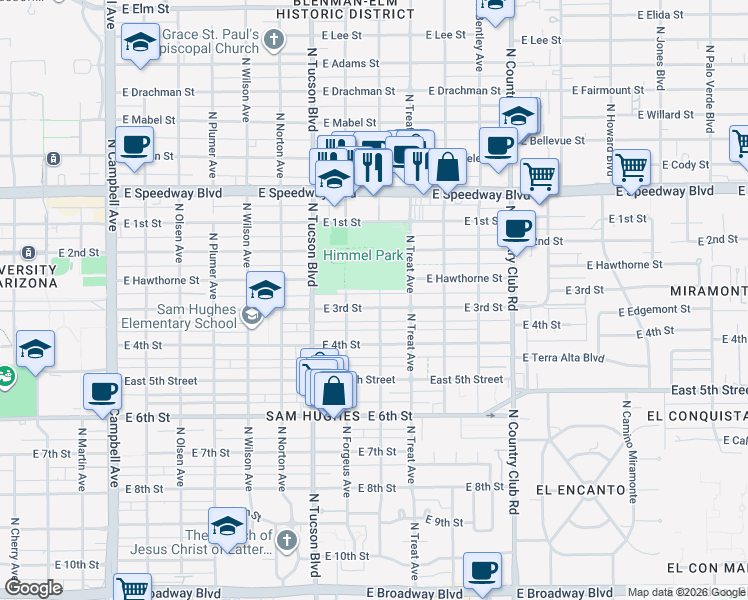 map of restaurants, bars, coffee shops, grocery stores, and more near 821 North Sawtelle Avenue in Tucson
