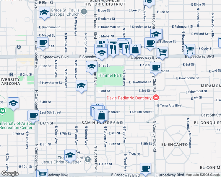 map of restaurants, bars, coffee shops, grocery stores, and more near 2645 East 3rd Street in Tucson